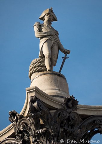 The statue of Lord Nelson stands high atop its column in Trafalgar Square.